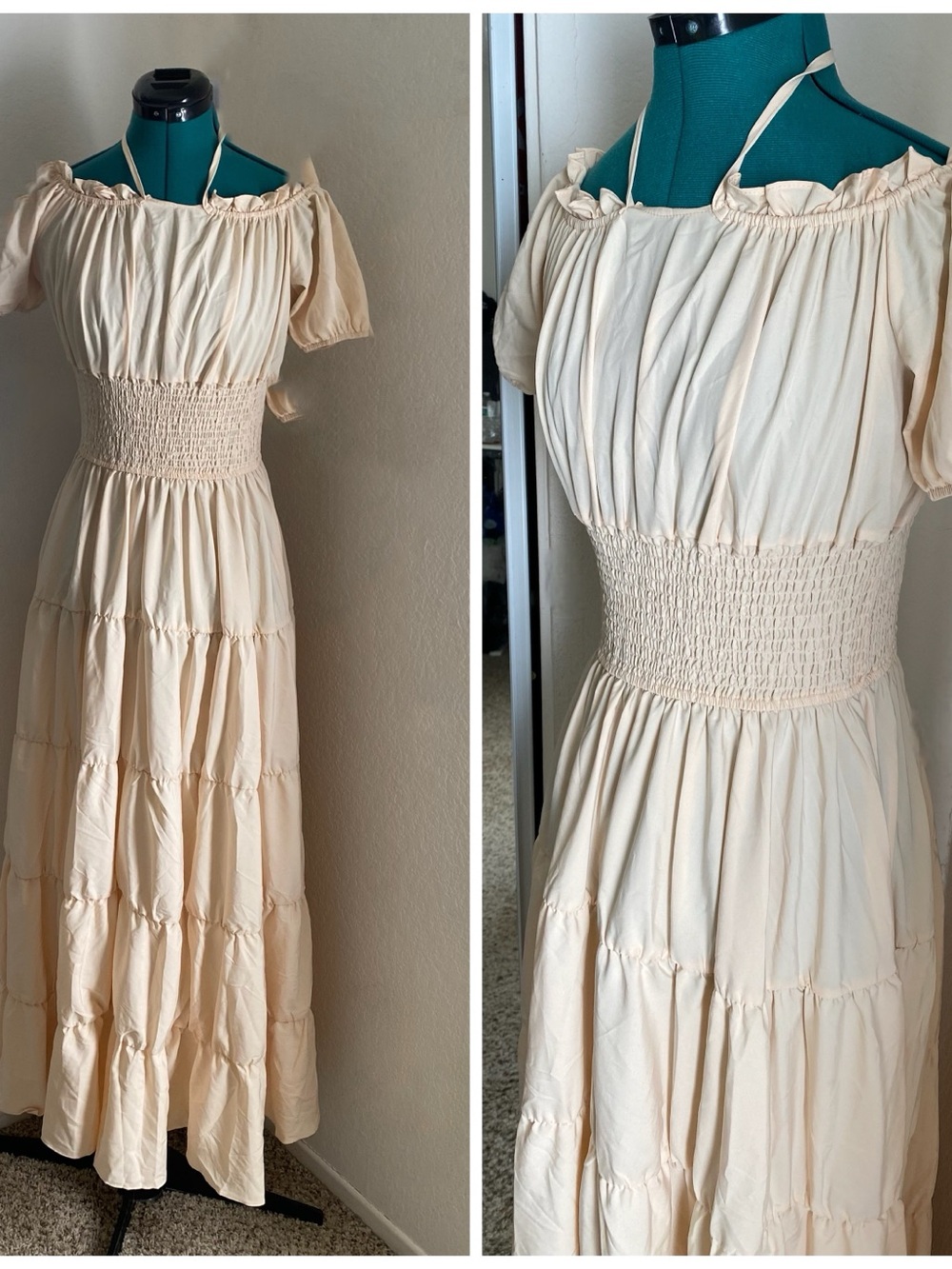 Cream Off-Shoulder Smocked Waist Maxi Dress M